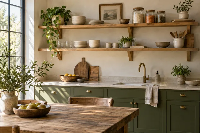 Sunlit kitchen with olive cabinets, oak shelves and neatly arranged jars and bowls