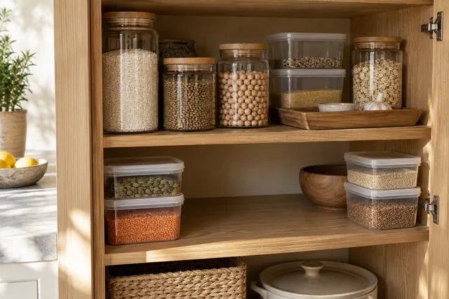 Clear containers of dry ingredients arranged with space between them on oak pantry shelves