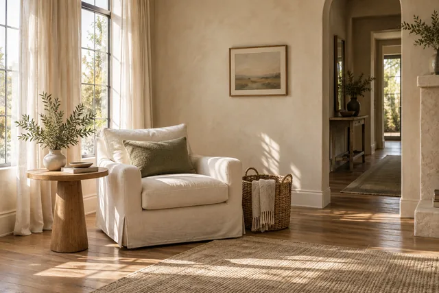 Cream reading chair, oak side table and a woven basket in a compact sunlit corner