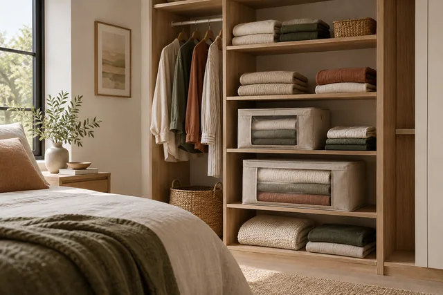 Folded clothes, neutral fabric storage bags and a woven basket on wardrobe shelves