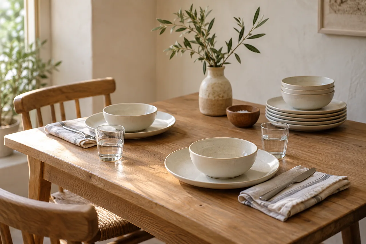 Cream plates, bowls, linen napkins and glasses arranged on an oak dining table
