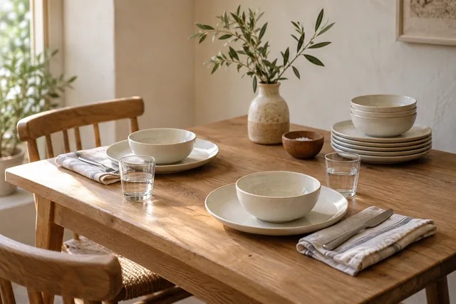 Cream plates, bowls, linen napkins and glasses arranged on an oak dining table