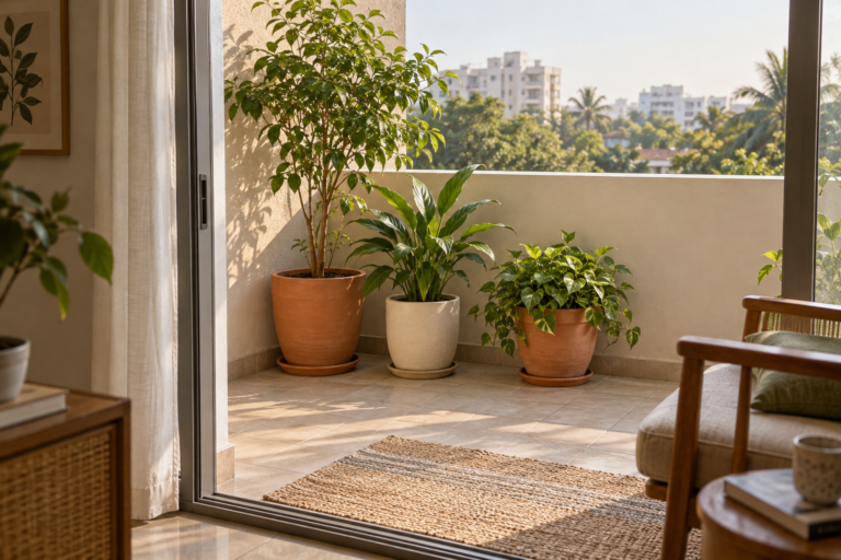 Three leafy plants in floor pots with saucers beside a clear balcony walkway.