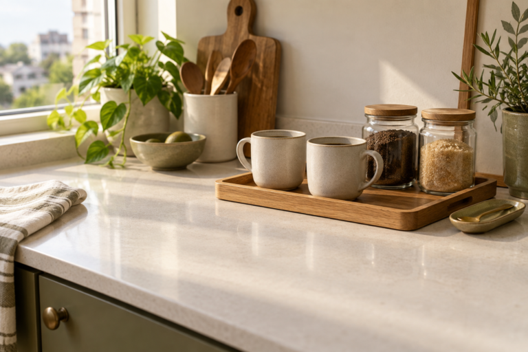 Two ceramic mugs and ingredient jars on a small tray with clear counter space.