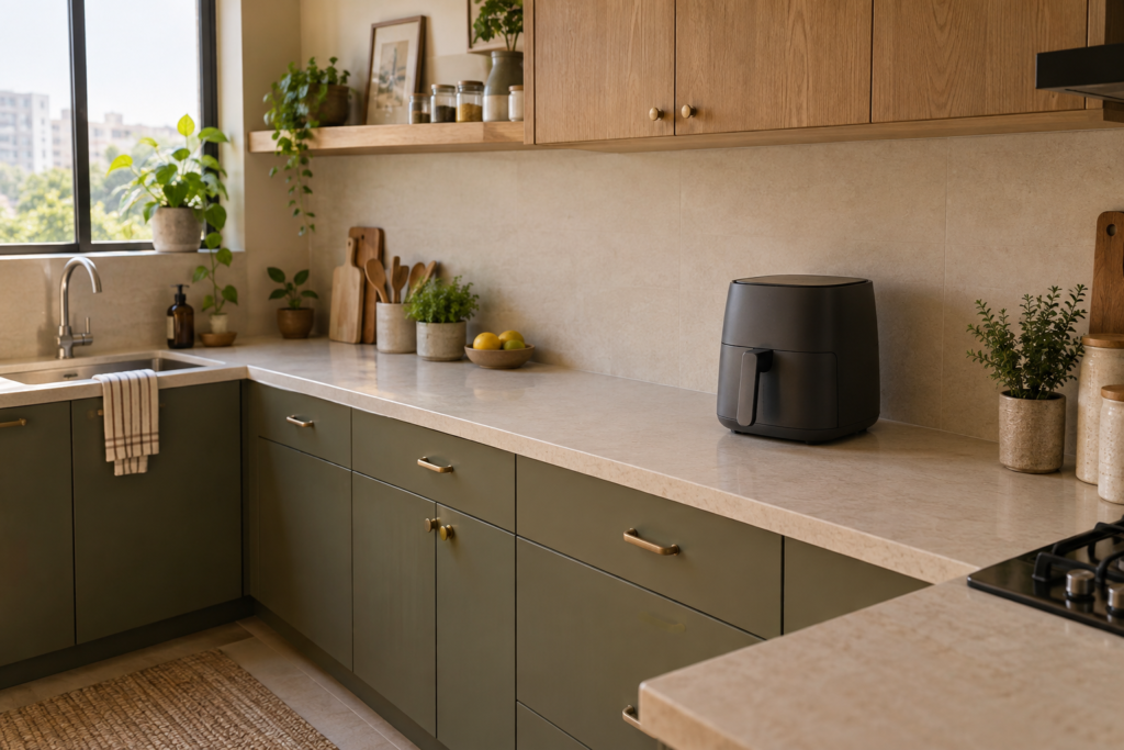 Kitchen counter with a generic unbranded appliance and clear preparation space.