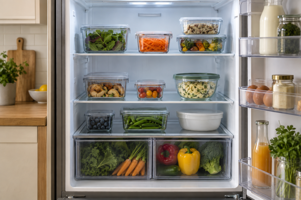 Open refrigerator with covered containers grouped on accessible shelves.