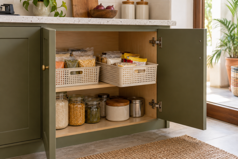 Open kitchen cupboard with removable baskets of dry supplies and jars below.