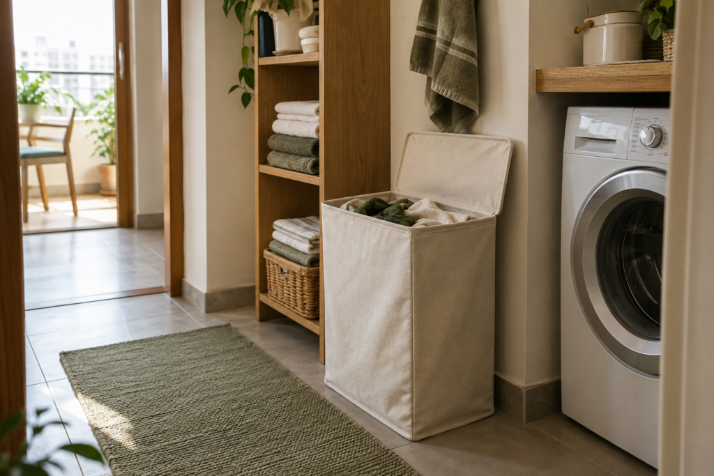 Cream laundry hamper beside a washing machine and shelves of folded towels.
