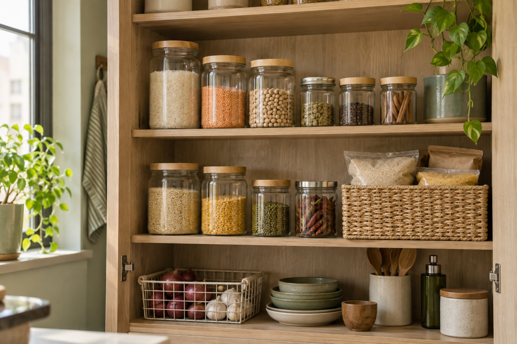 Open wooden pantry with mixed-size jars of grains and spices and a basket for reserve packets.