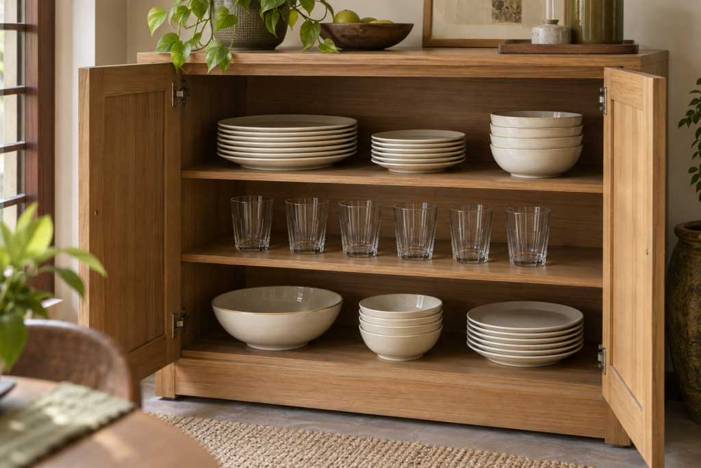 Open wooden cupboard with organised stacks of plates and bowls and a row of drinking glasses.