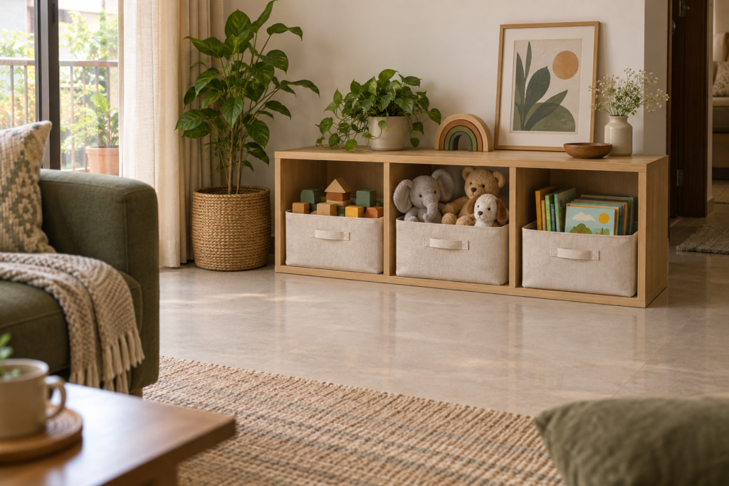 Low wooden cubby shelf with open fabric bins of blocks, soft toys and books beside a clear floor.