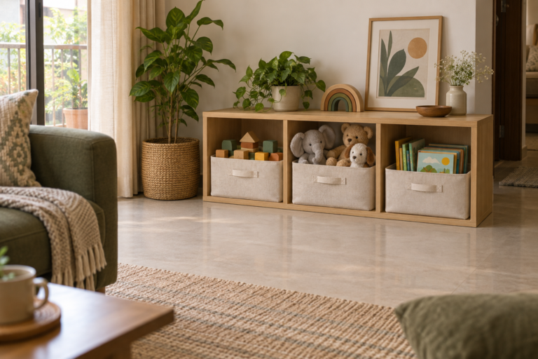 Low wooden cubby shelf with open fabric bins of blocks, soft toys and books beside a clear floor.