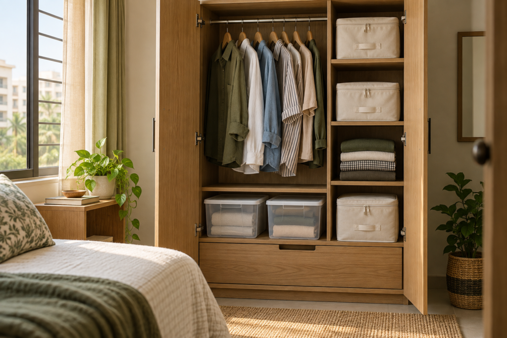 Open wardrobe with hanging shirts, folded clothes, fabric bags and translucent storage boxes.