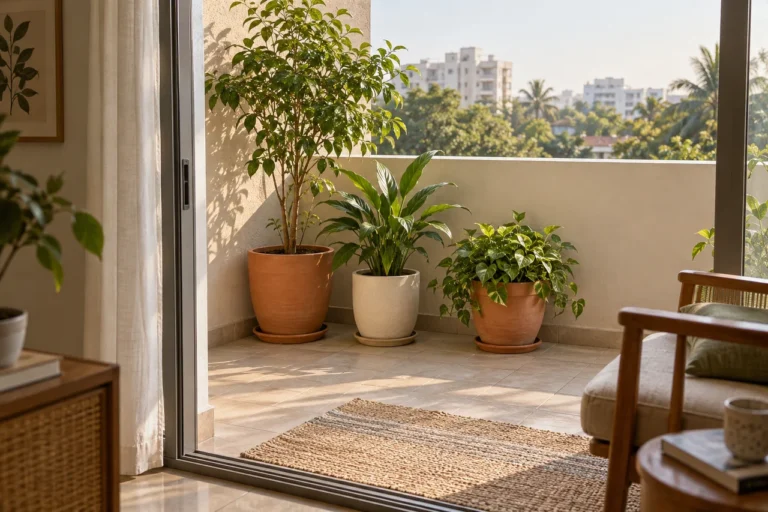 AI-generated room inspiration: leafy plants in floor pots with saucers beside a clear balcony walkway