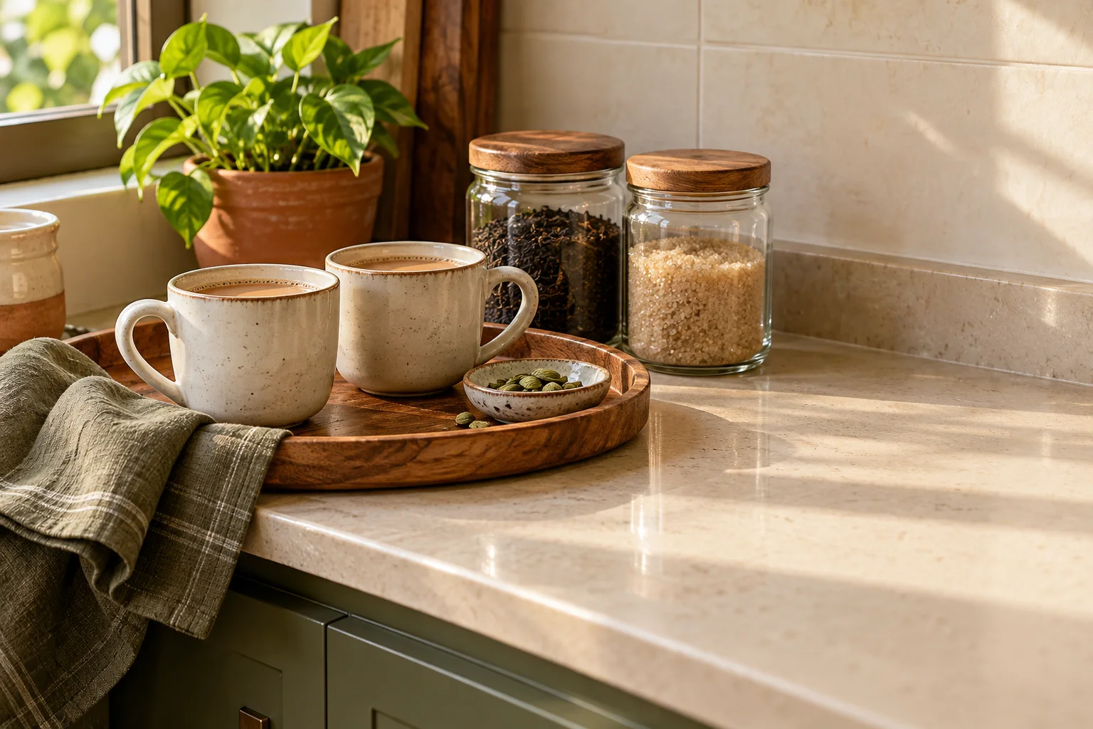 Two mugs of chai on a wooden tray beside tea and sugar jars on a kitchen counter.