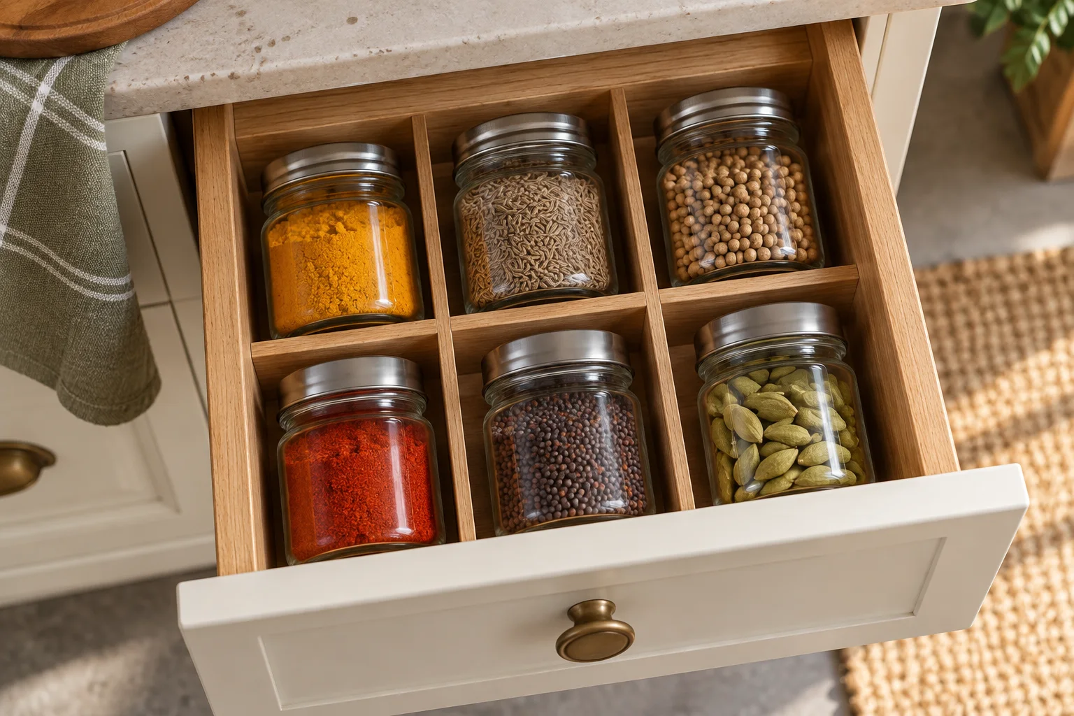 Six generic spice jars arranged inside a shallow kitchen drawer with wooden dividers.